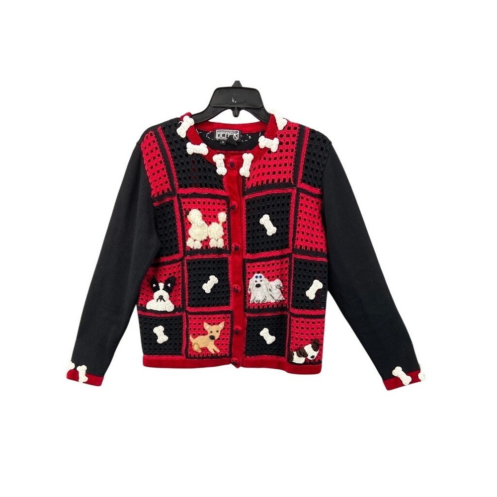 Berek Dog Novelty Cardigan Women S Red Black Excellent Beaded Crochet Patchwork